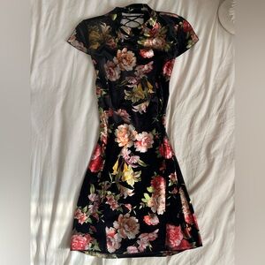 Floral Black Velvet Dress with Open Strap Back